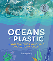 Cover of 'Oceans of Plastic', featuring the title on a blue background with coral and seaweed below, and a photo of plastic floating in the water abov