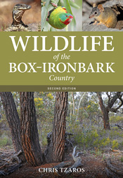 Cover of 'Wildlife of the Box–Ironbark Country, Second Edition', featuring photos of a Tree Goanna, a Swift Parrot, a Yellow-footed Antechinus, and a