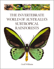 Cover of The Invertebrate World of Australia’s Subtropical Rainforests featuring a green and black butterfly on a white background, with a row of smal