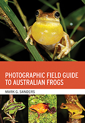 Cover of 'Photographic Field Guide to Australian Frogs' showing the title on an orange background, with a large photo of Lytoria tyleri above and a st