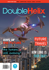 Cover of Double Helix magazine Issue 34 showing a large quadcopter flying