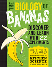 Cover of The Biology of Bananas featuring a cartoon of a half-peeled banan