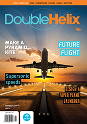 Cover of Double Helix magazine Issue 36 showing an aeroplane above a runway, with the sun low on the horizon behind it.