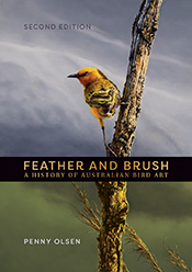 Cover image of Feather and Brush, featuring artwork of a Yellow Chat perched on a vertical branch in front of a cloudy background.