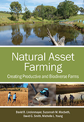 Cover of 'Natural Asset Farming', featuring photos of a lush farm dam, people surveying fields, and a fairy wren.