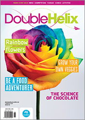 Cover of Double Helix magazine Issue 46, featuring a rose with brightly-coloured petals of rainbow colours, upon a white background.