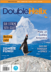 Cover of Double Helix magazine Issue 50, featuring a photo of a penguin st