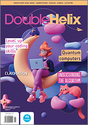 Cover of 'Double Helix' magazine issue 51, featuring digital artwork of a girl sitting on a crescent moon, working on a laptop.