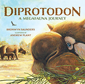 Cover of 'Diprotodon', featuring a diprotodon eating greenery in the foreground and a mother and calf in an arid landscape in the background.