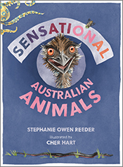 Cover of 'Sensational Australian Animals', featuring illustrations of an emu, a blue-ringed octopus, a fly, and a red-bellied black snake.