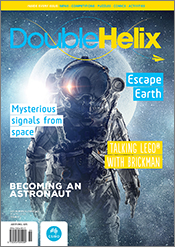 Cover of 'Double Helix' magazine issue 55, featuring an illustration of an astronaut against a backdrop of the moon and star-filled space.