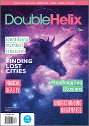 Cover of 'Double Helix' magazine issue 56, featuring an illustration of a unicorn silhouette in clouds against a starry sky.