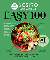 Cover of 'The CSIRO Low-carb Diet Easy 100', featuring a bowl of food on a green background.