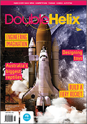 Cover of 'Double Helix' magazine issue 59, showing the launch of a space s