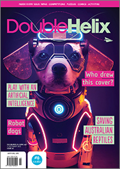 Cover of 'Double Helix' magazine issue 60, showing a digital illustration of a cyborg dog.