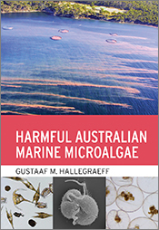 Cover of 'Harmful Australian Marine Microalgae', showing an algal bloom in the ocean and microscopic images of algae.