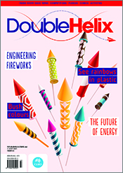 Cover of 'Double Helix' magazine issue 64, featuring a spray of brightly p