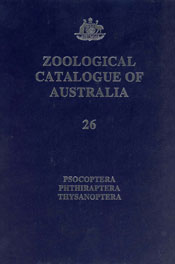 The cover image of Zoological Catalogue of Australia Volume 26, featuring a plain blue cover with silver text, and a small silver Australian coat of a
