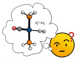 A questioning face wondering why LnM(η1-H2), shown as a molecular structure, has not been been reported so far.