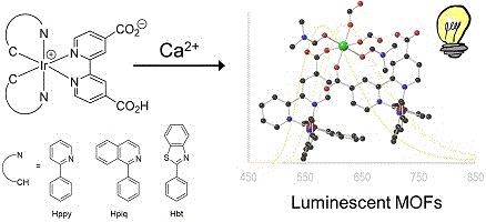 Diagram of iridium and metalloligands combining with Ca2+; graph of resulting metal–organic framework luminescence peak