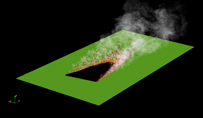 Computer-generated 3D image of fire spread simulation, with a V-shaped fire front indicated by temperature.