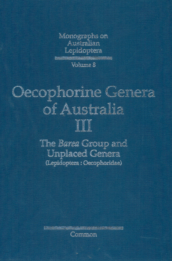 The cover image of Oecophorine Genera of Australia III, featuring a plain blue cover with white writing.