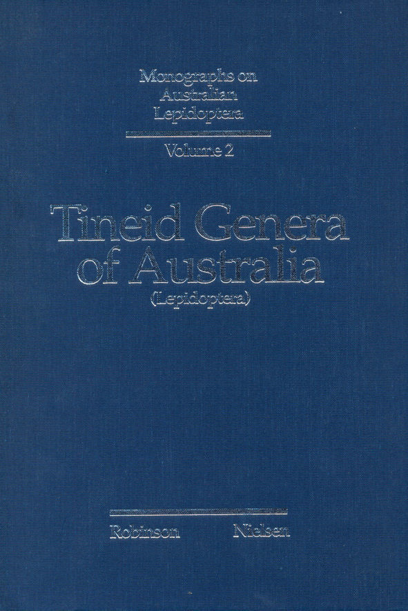 The cover image of Tineid Genera of Australia (Lepidoptera), is plain blue with silver text.