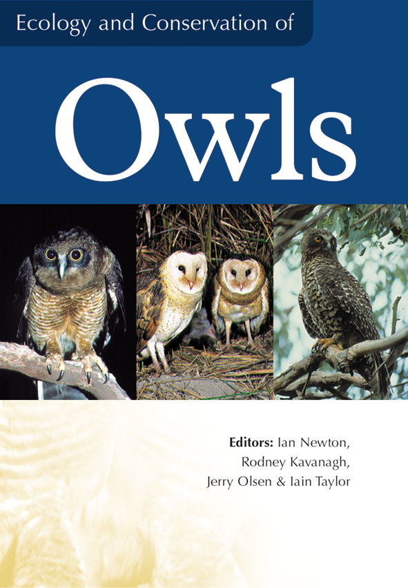 Cover image featuring three images of owls on tree branches, across the middle third, with a blue top third and a pale cream bottom third.