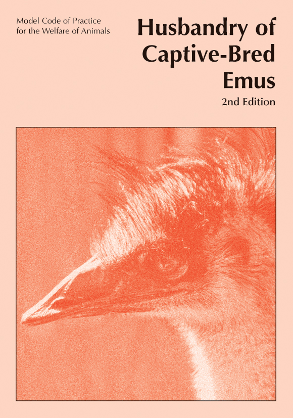 The cover image of Model Code of Practice for the Welfare of Animals: Husbandry of Captive-Bred Emus, featuring an emus head with a pale pink tint ove