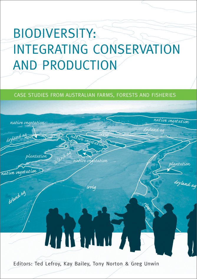 The cover image of Biodiversity: Integrating Conservation and Production, featuring plain dark blue people silhouettes with a drawn up area map of con