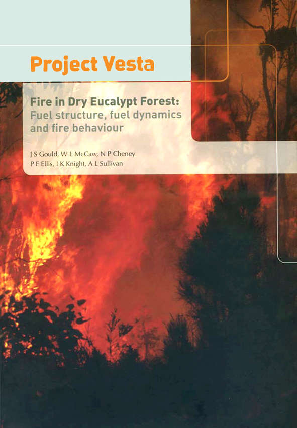 The cover image of Project Vesta: Fire in Dry Eucalypt Forest, featuring black silhouettes of trees with a large red and orange fire viewed between th