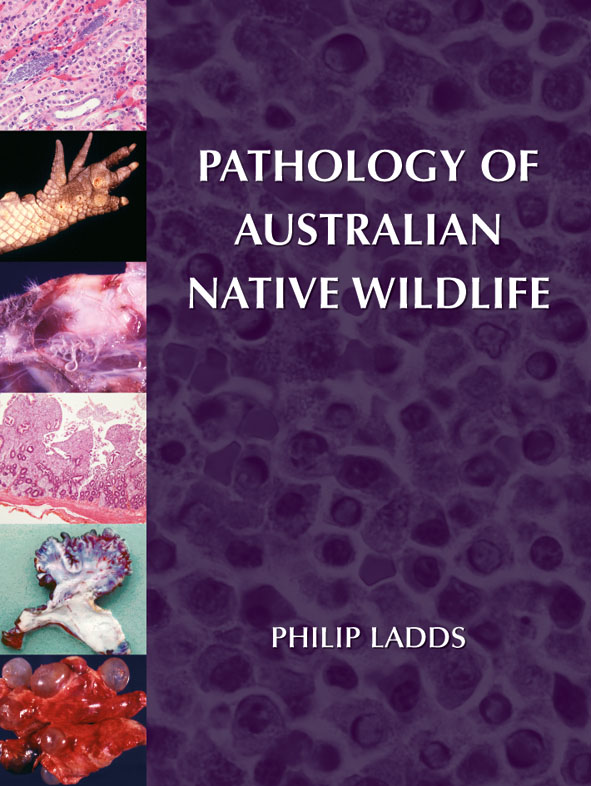 The cover image of Pathology of Australian Native Wildlife, featuring microscopic views of cells and various other images related to animal pathology.