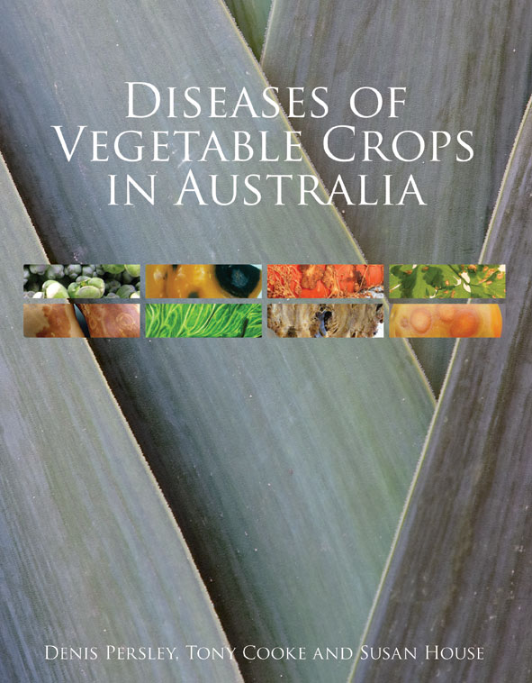 The cover image featuring eight thin strip pictures of diseased vegetable crops against a background of close up flat greyish green leaves.