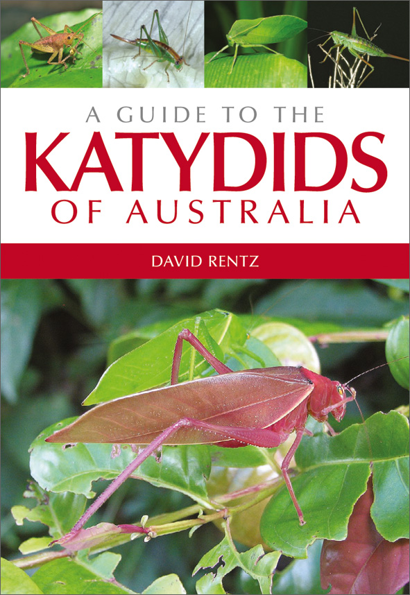 The cover image of A Guide to the Katydids of Australia, featuring a red katydid on a green leaf, with four smaller images of katydids across the top.