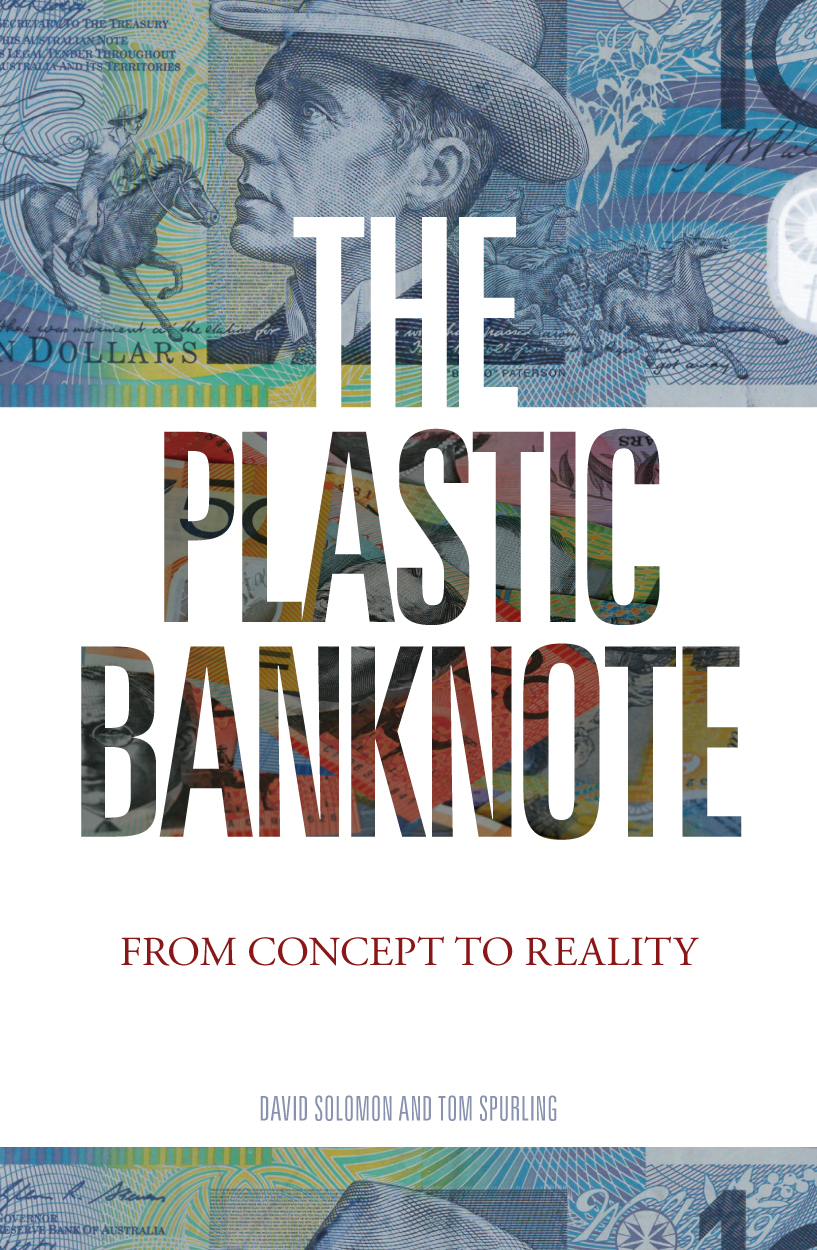 Cover of 'The Plastic Banknote' featuring the Banjo Patterson side of an Australian $10 polymer banknote.