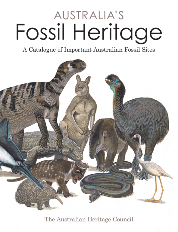 The cover image of Australia's Fossil Heritage, featuring various extinct Australian animals including reptiles, birds and mammals against a plain whi