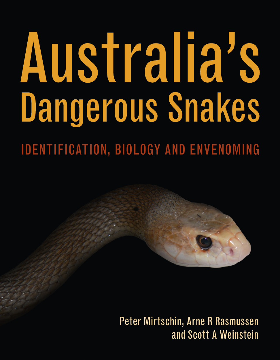 Cover of Australia's Dangerous Snakes featuring a close-up of the head of a taipan on a black background.