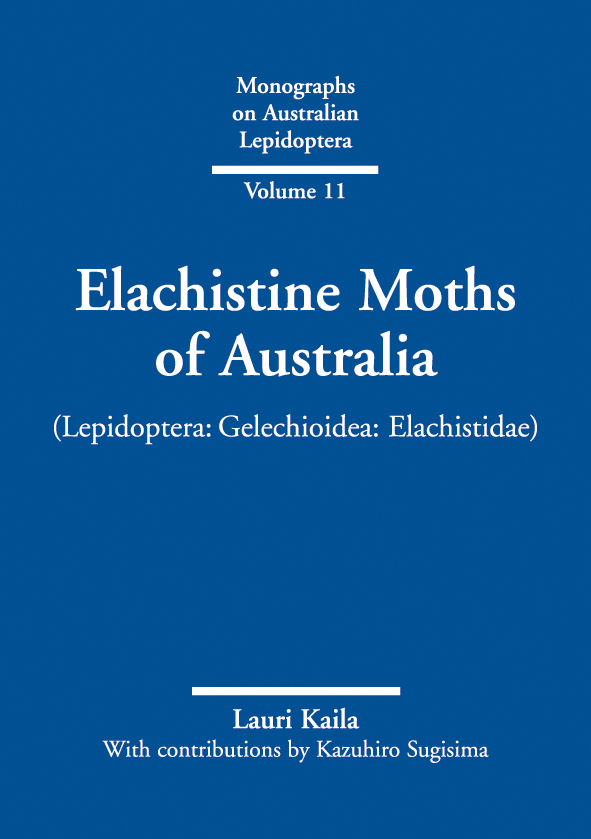 The cover image of Elachistine Moths of Australia, featuring plain white writing against a plain blue background.