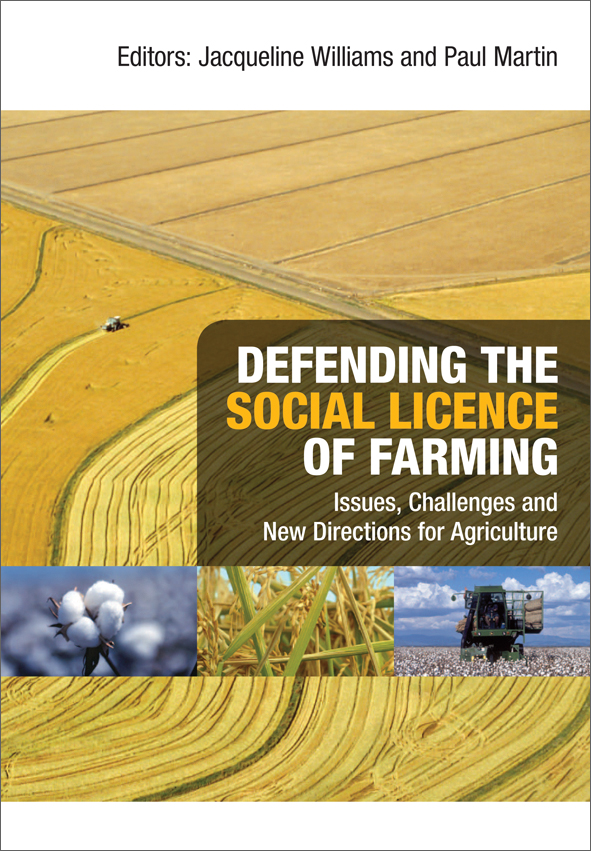 The cover image of Defending the Social Licence of Farming, featuring an arial view of bright yellow crops.