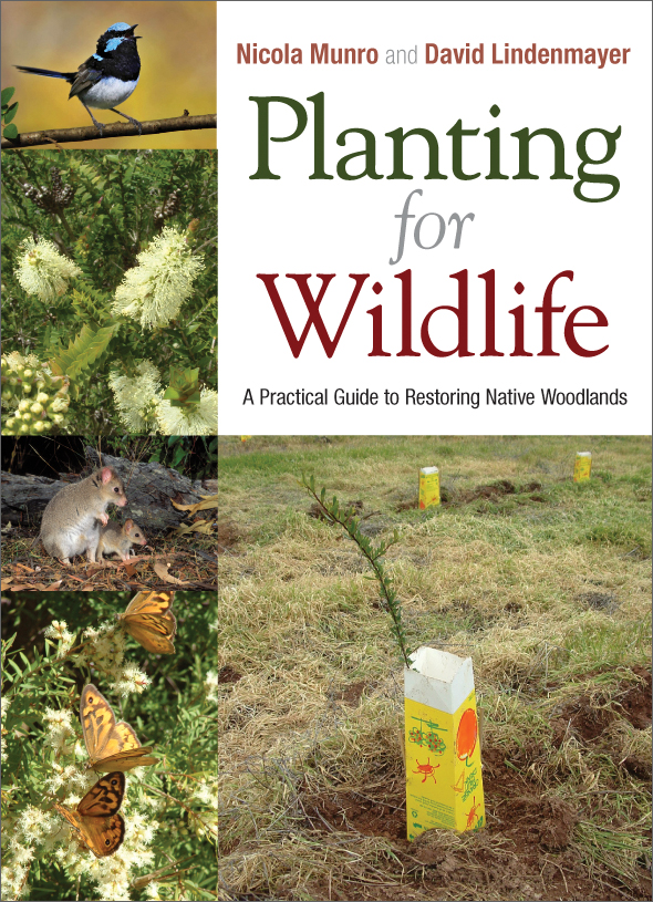 The cover image of Planting for Wildlife, featuring pictures of birds, butterflys and new and established plants.