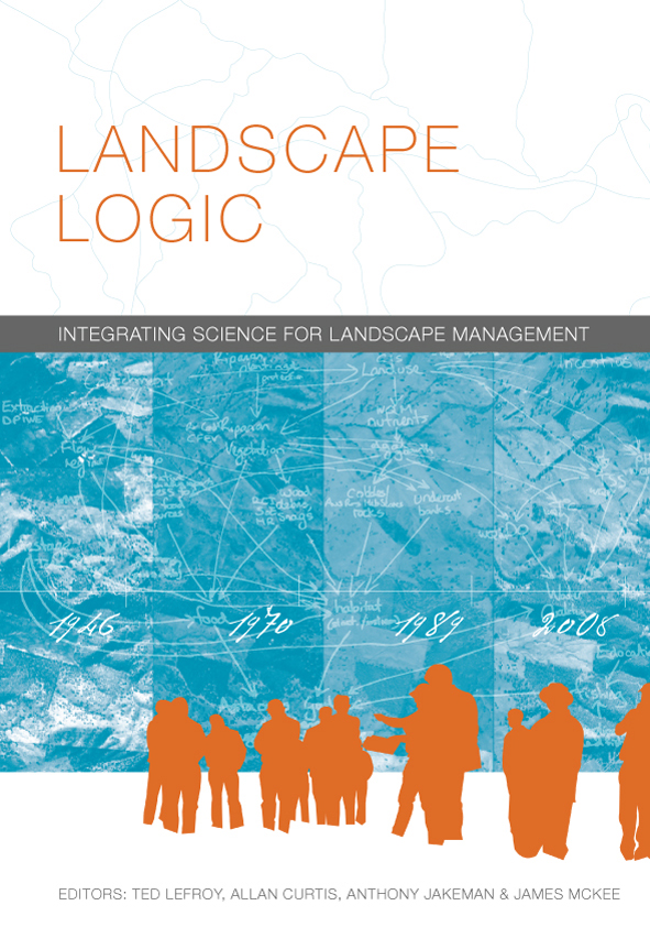 The cover image of Landscape Logic, featuring orange silouettes of people against a dapled blue background.