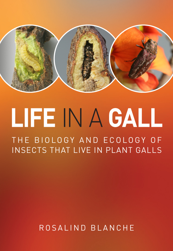 The cover image of Life in a Gall, featuring three images of insects against an orange background.