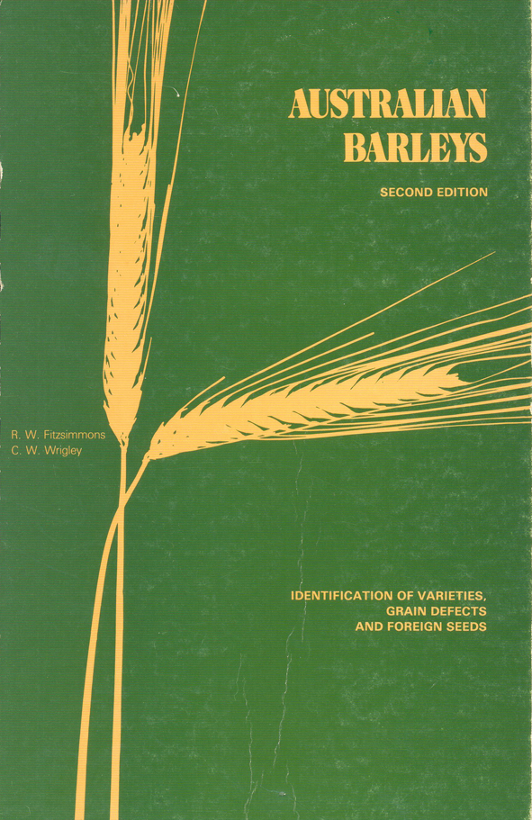 Cover image of Australian Barleys, featuring the wheat coloured shape of two heads of barley against a plain faded green background.