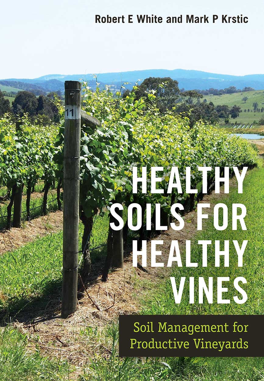 Cover of Healthy Soils for Healthy Vines showing a row of grapevines with mulch below the plants