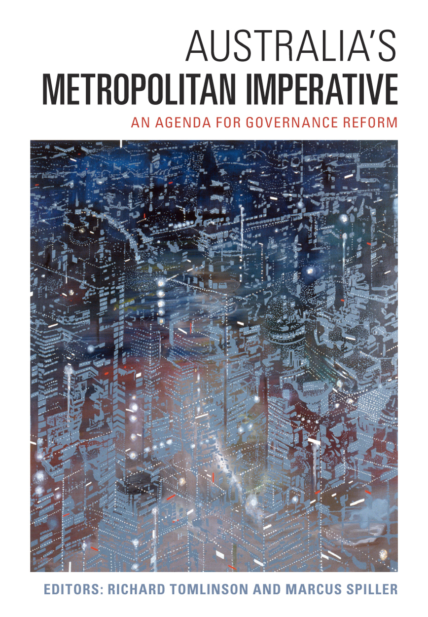 Cover of Australia's Metropolitan Imperative featuring an abstract painting of a city in darkness