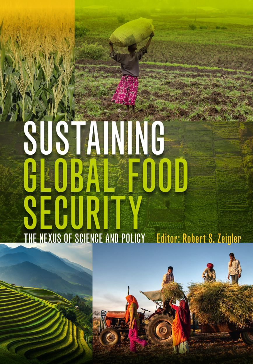 Cover of Sustaining Global Food Security featuring photos of maize, rice terraces, wheat and people from around the world