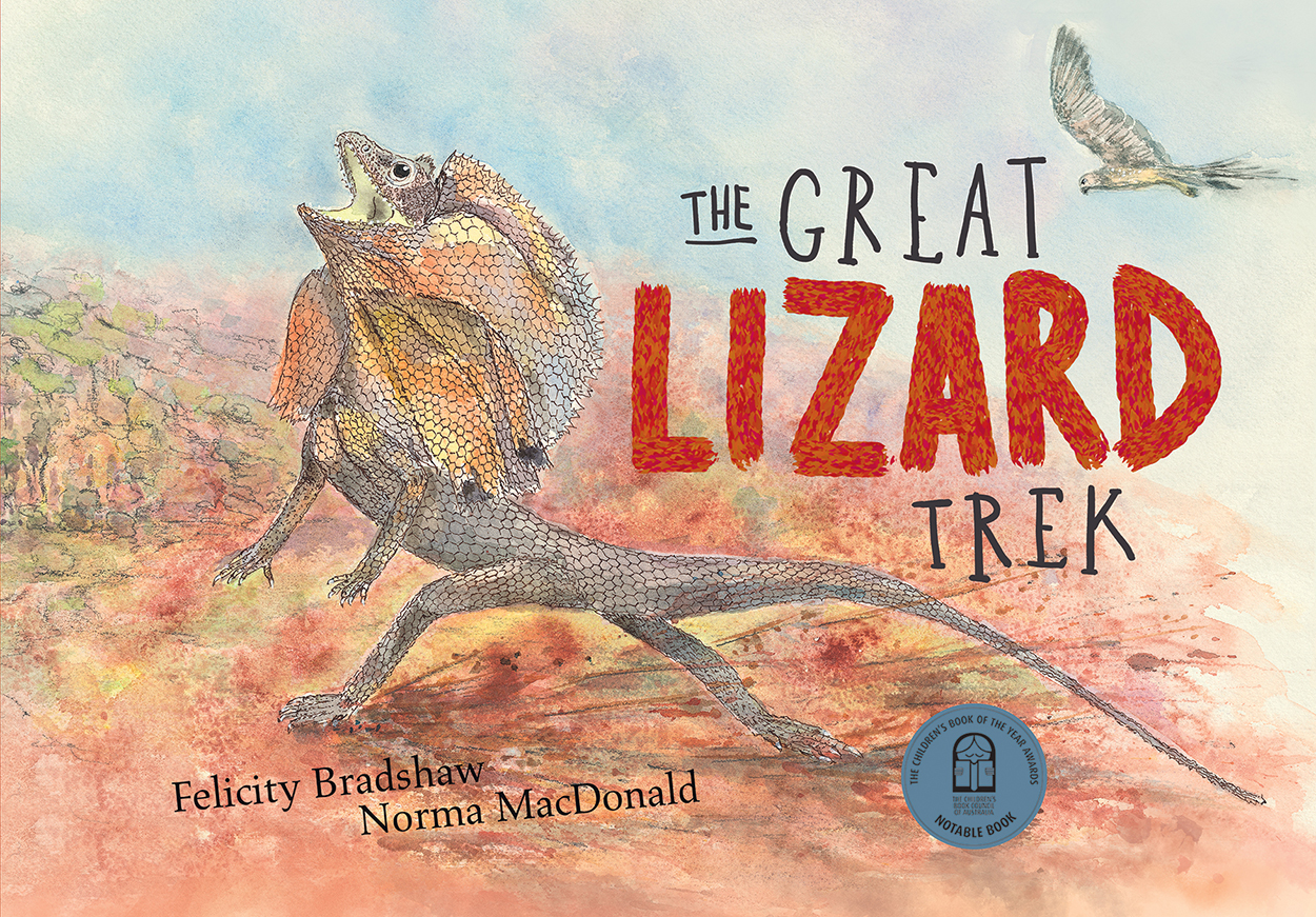 Cover of The Great Lizard Trek featuring a frilled-neck lizard looking at the sky