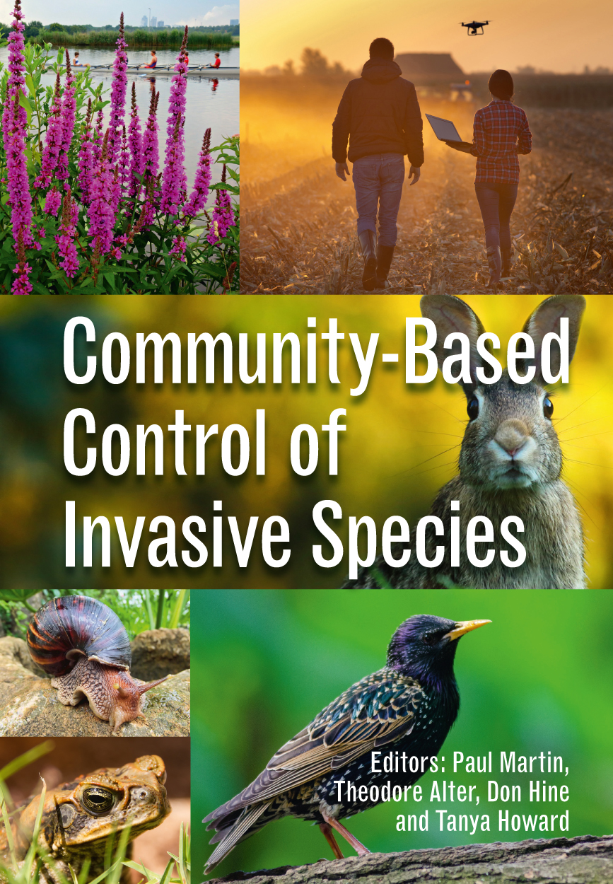 Cover of Community-based Control of Invasive Species featuring brightly coloured photos of invasive plants and animals and a man and a woman conductin