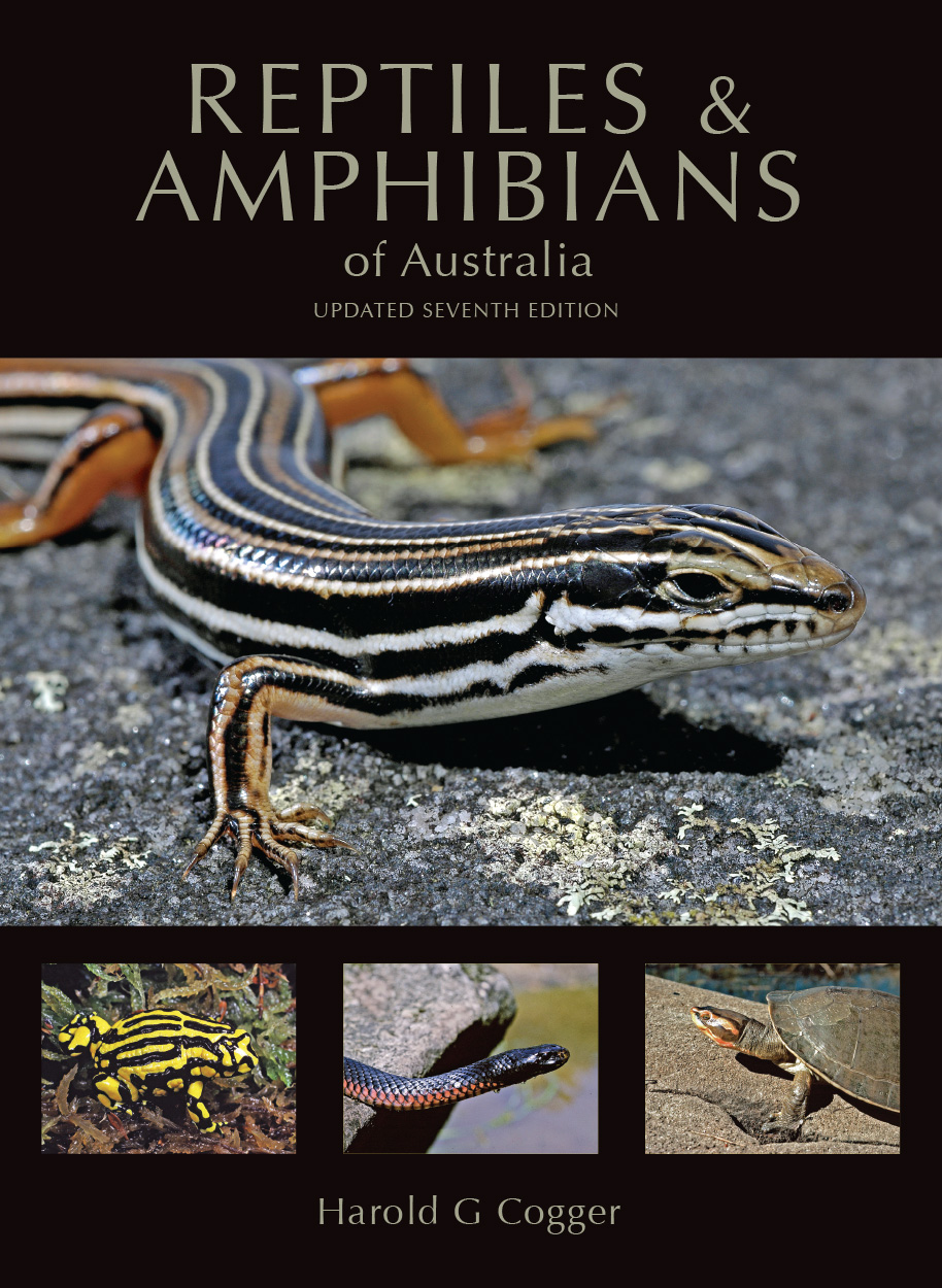 The cover image featuring a large stripped lizard, a yellow and black frog, a red bellied black snake and a turtle resting on a rock.