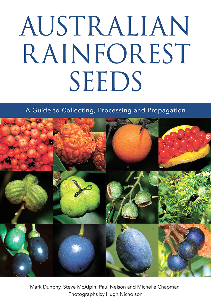 Cover of Australian Rainforest Seeds featuring bright orange, green and blue seeds in a grid on a white background